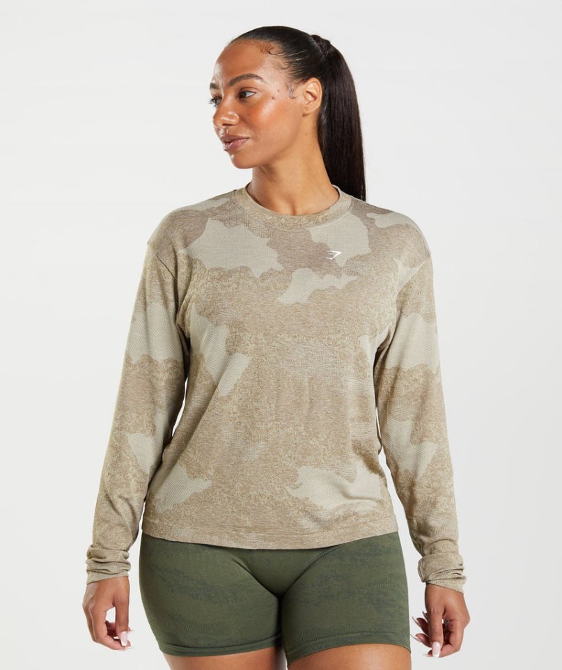 Women\'s Gymshark Adapt Camo Seamless Long Sleeve Top T-Shirts Grey | NZ 1HZNVR